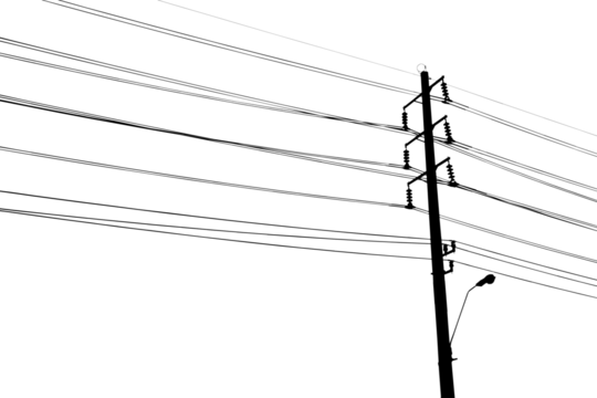 Silhouette of high voltage electric pole with connected wires isolated on transparent background png file.