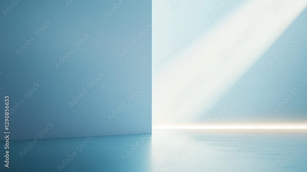 Poster light beam illuminating minimalistic blue wall and floor, creating serene atmosphere. abstract space