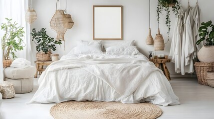 Cozy Minimalist Bedroom with Natural Textures and Green Plants in Bright White Decor