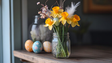 A charming Easter bouquet with hand-decorated eggs, soft feathers, and vibrant daffodils arranged in a mason jar.