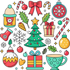 Colorful flat Christmas decoration. Christmas Collection, Christmas icons, including Santa, reindeer, wreath, ornaments, and more holiday elements