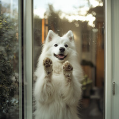Happy Samoyed pressing paws against a glass door