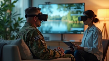 Two individuals engaging in virtual reality simulation wearing headsets in a professional environment