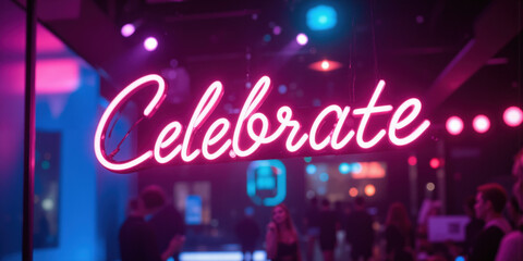 A glowing neon sign reading Celebrate in bold cursive letters hovers against a gradient background transitioning from deep magenta to