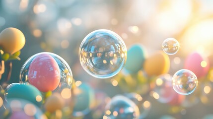 Easter eggs placed in transparent spheres with floating bubbles around