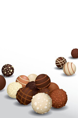 Various chocolate balls on white vertical background graphic illustration have blank space.