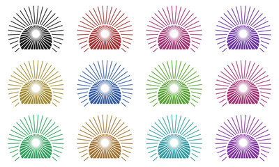 Abstract Sunburst Icons in Multiple Colors - Rising Sun Symbols with Radiating Lines - Modern Minimalist Sunrise Collection - Colorful Sun Ray Designs