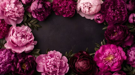 Vibrant Peony Flowers in Shades of Purple and Pink Creating a Decorative Floral Frame