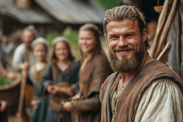 Fototapeta premium Group of smiling medieval villagers posing outdoors during a sunny day in a rustic setting