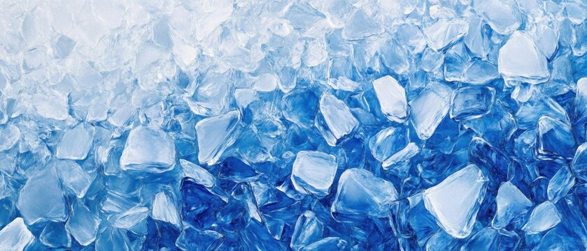 Ice cubes and crushed ice in shades of blue, refreshing background for beverages, summer drinks, cocktail recipes, or cold food presentation.