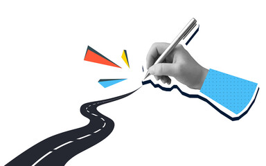 Black and white hand drawing a asphalt road. Modern photo collage style. Illustration on...