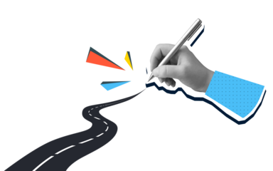 Black and white hand drawing a asphalt road. Modern photo collage style. Illustration on transparent background