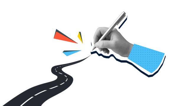 Black and white hand drawing a asphalt road. Modern photo collage style. Illustration on transparent background