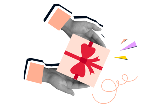 Hands holding a gift box with a red bow, top view. Modern photo collage style. Illustration on transparent background