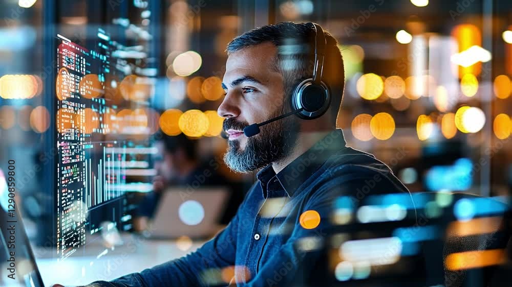 Poster professional working in a modern office environment while using a headset and multiple screens