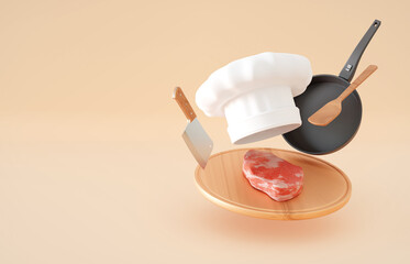 Chef's hat with round cutting board, knife and meat on beige background. 3d-rendering