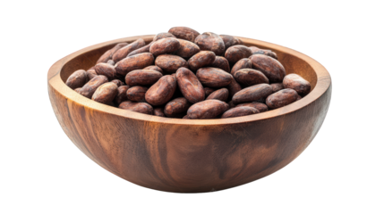 a wooden bowl filled with cocoa beans. showcasing their rich brown color and natural texture  organic nature of the beans. often used in chocolate production and culinary applications it emphasizes th