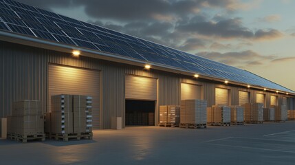 Obraz premium Solar Powered Warehouse With Cargo Boxes At Dusk