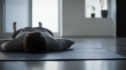 Stomach pain relief with a person resting on a yoga mat. Featuring discomfort and healing