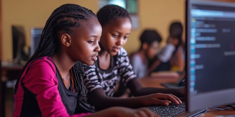 African young girls engaged in coding class with computers in classroom setting International Girls In ICT Day