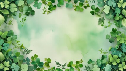 Festive St. Patrick’s Day Greenery Frame with Shamrocks and Fern Leaves on Light Background