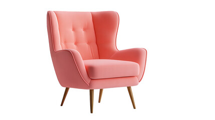 Fototapeta premium a stylish pink armchair with a modern design. featuring a high back. tufted upholstery. and wooden legs it serves as a comfortable seating option. ideal for living rooms. reading nooks. or stylish int