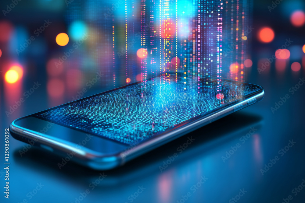 Fototapete A smartphone sits on a surface as streams of colorful data cascade from its screen, creating a mesmerizing display in a dark setting filled with light. Generative AI