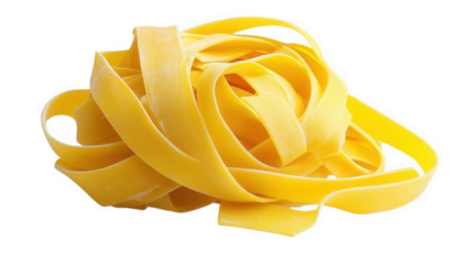 mound of uncooked fettuccine pasta. showcasing its long. flat. and ribbon-like shape the vibrant yellow color suggests freshness. making it an appealing ingredient for various italian dishes this visu