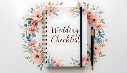 Wedding checklist notebook with floral decoration and pen on white background

