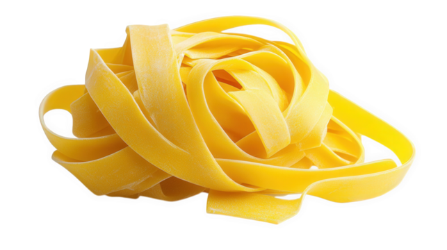mound of uncooked fettuccine pasta. showcasing its long. flat. and ribbon-like shape the vibrant yellow color suggests freshness. making it an appealing ingredient for various italian dishes this visu
