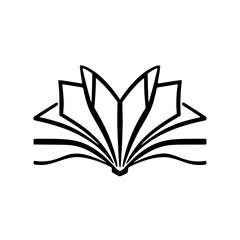 Simple black and white graphic of an open book, abstract design.