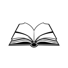 Minimalist open book illustration in black and white against a white backdrop.