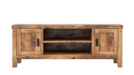 a wooden tv stand featuring a rustic design with two side cabinets and an open shelf in the middle. ideal for storing media equipment and displaying decorative items
