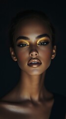 a beautiful woman with golden eyeshadow and eyeliner, facing the camera directly in front of her face, illuminated by soft studio lighting.