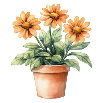 watercolor illustration of three vibrant orange flowers blooming from a terracotta pot. surrounded by lush green leaves the artwork emphasizes the beauty of nature and can be used for decoration. gard