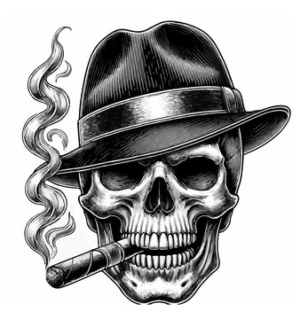 teschio gangster con cappello e sigaro fumante. Generative AI