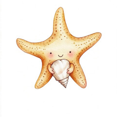 Joyful Starfish Embracing a Seashell in a Minimalist Setting Perfect for Coastal Decor and Beach-Themed Art Capturing the Essence of Ocean Life and Happiness