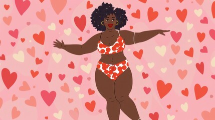 Fototapeta premium Confident african female embracing body positivity in colorful heart patterned attire Love Your Thighs Day