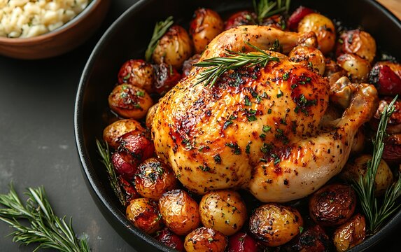 a whole chicken with vegetables on a wooden board - Powered by Adobe