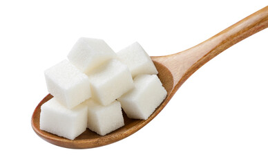 Sugar cubes in a wooden spoon close-up on a white. Isolated