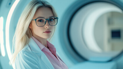 Blonde woman wearing glasses and a lab coat stands in a contemporary medical environment, exuding confidence and elegance amid advanced technology