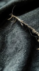 Close-up of dark worn denim fabric with frayed edges and stitching details Fashion Revolution Day