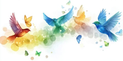Obraz premium Colorful birds and butterflies in vibrant abstract nature scene International Day of Multilateralism and Diplomacy for Peace