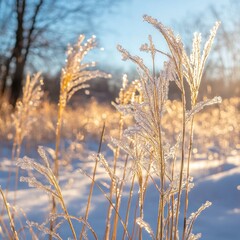 Fototapeta premium Frozen winter grass field sunrise