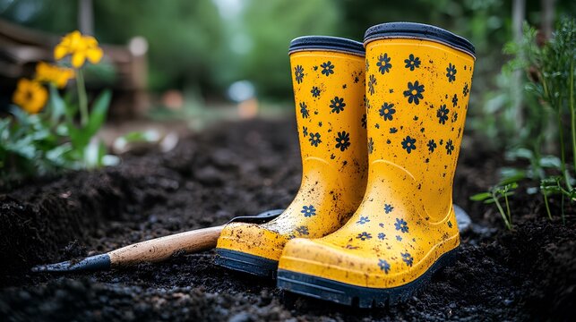 pair of classic yellow flowered rubber boots standing on dirty garden soil, with a small shovel leaning against realistic details