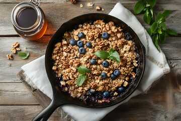 Delicious Blueberry Crisp Baked in Cast Iron Skillet with Walnuts and Honey