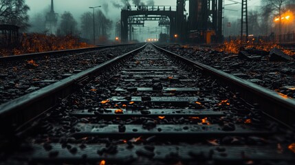 Obraz premium Moody railway tracks leading into foggy industrial scene 