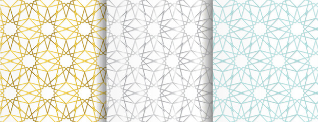 Set of seamless pattern in arabian style ornaments collection. Oriental seamless patterns set in shiny gold, silve, blue color. Islamic ornament backgrounds, traditional muslim texture