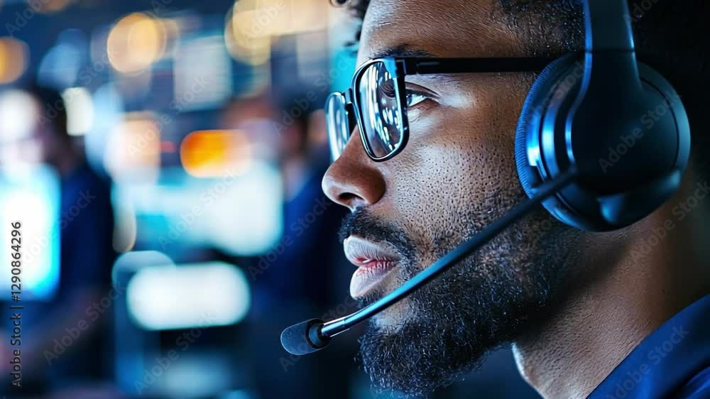 Aufkleber focused professional engaged in conversation using headset in a modern tech environment