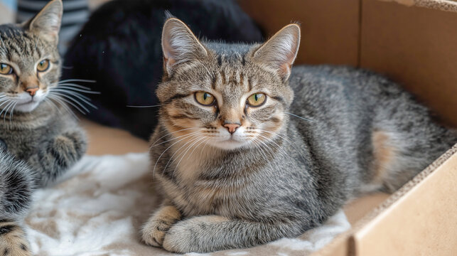 Tabby cat resting comfortably in a cardboard box with another feline companion nearby indoors